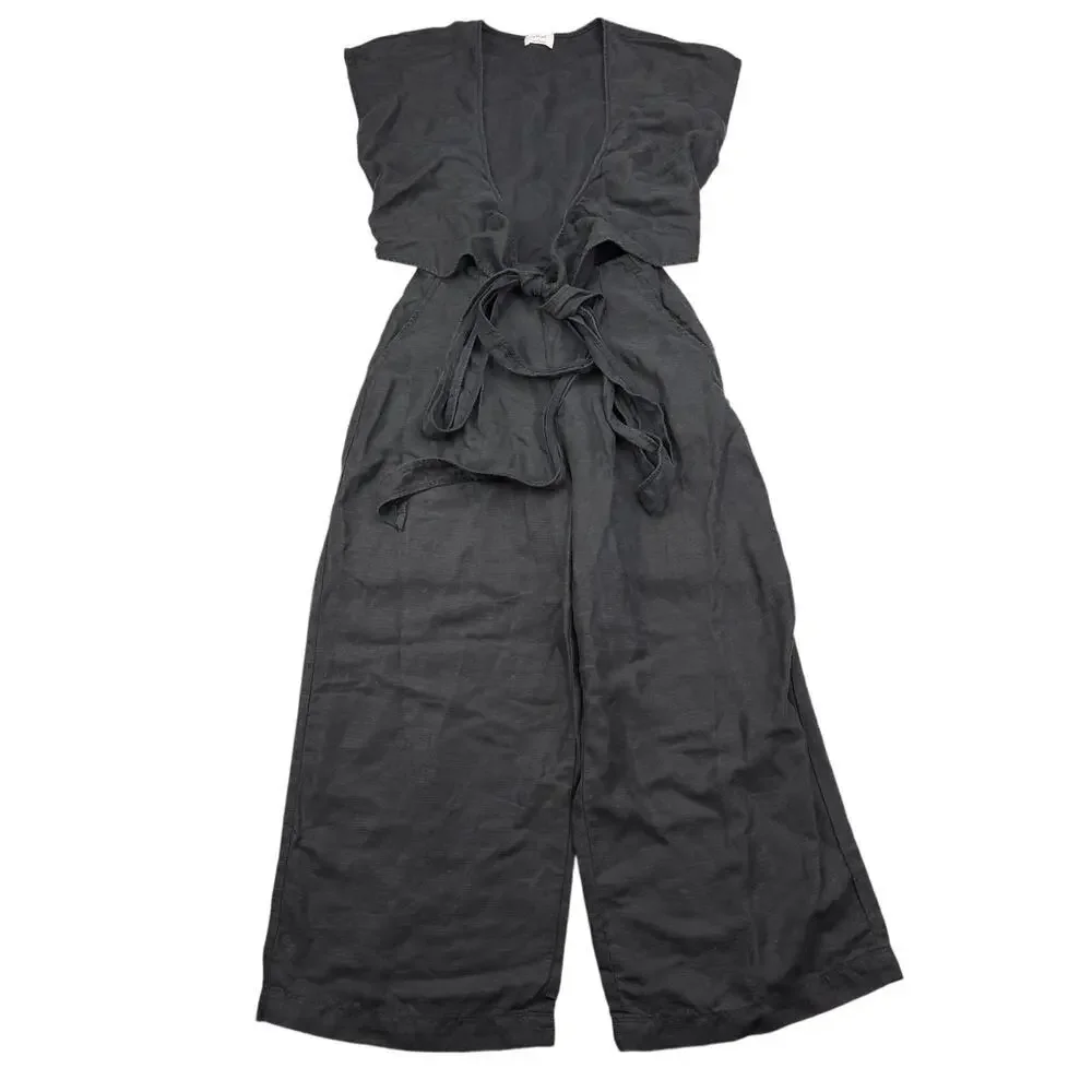 WILFRED Aritzia Brax Linen Blend Wrap Wide Leg Cut Out Jumpsuit Size 0 Black